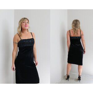 1990's Y2K Vintage Black Velvet Cocktail Dress ~ Women's Extra Small Small XS SM